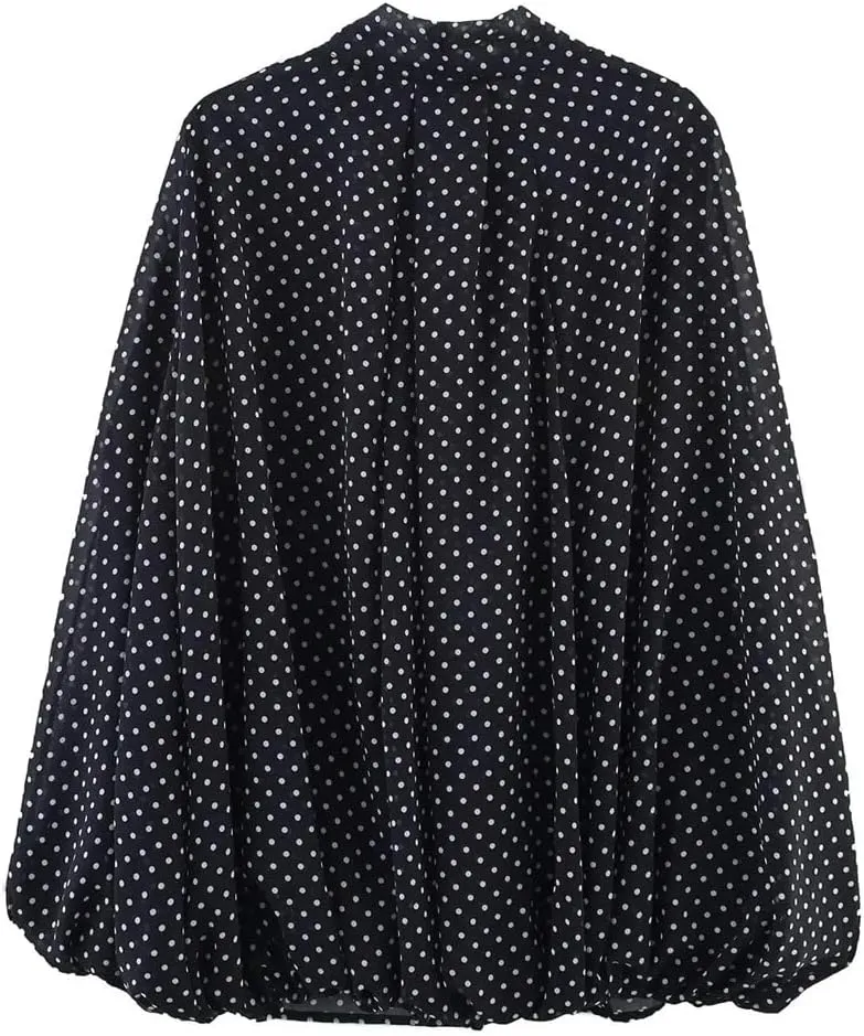 Women Polka Dot Print Shirt Bow Lace-Up Loose V-Neck Blouse Long-Sleeved Commuter Cape Shirts