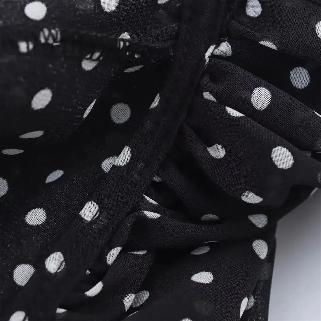 Women Polka Dot Print Shirt Bow Lace-Up Loose V-Neck Blouse Long-Sleeved Commuter Cape Shirts