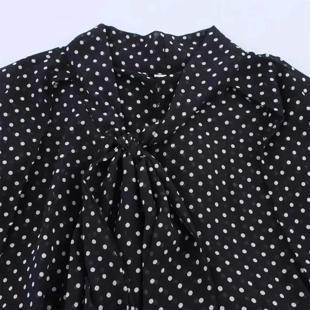 Women Polka Dot Print Shirt Bow Lace-Up Loose V-Neck Blouse Long-Sleeved Commuter Cape Shirts