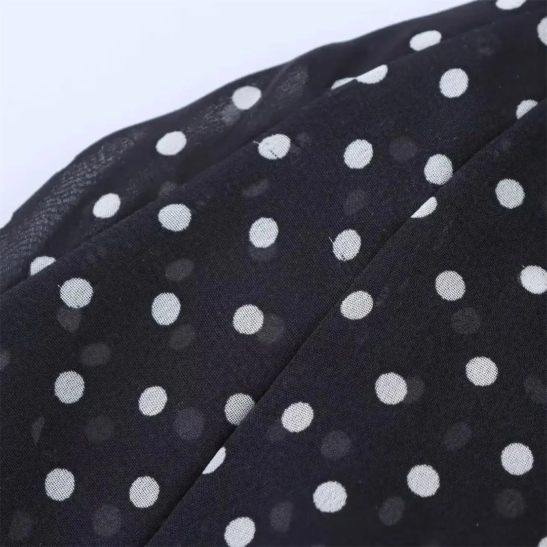 Women Polka Dot Print Shirt Bow Lace-Up Loose V-Neck Blouse Long-Sleeved Commuter Cape Shirts