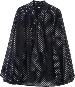 Women Polka Dot Print Shirt Bow Lace-Up Loose V-Neck Blouse Long-Sleeved Commuter Cape Shirts