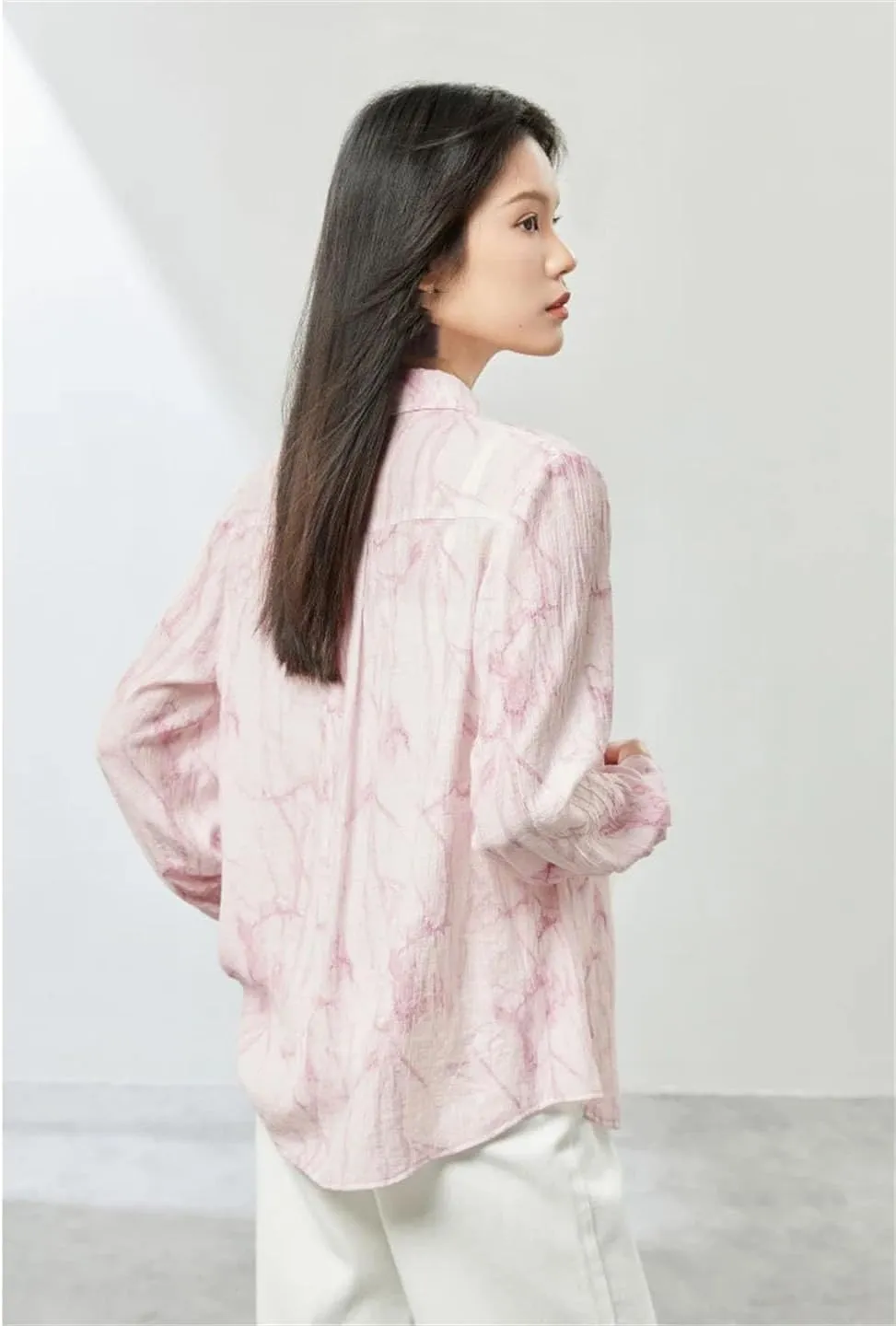 Women Printed Lapel Button Up Shirts Simple Casual Shirt Office Lady Work Loose Fit Blouses