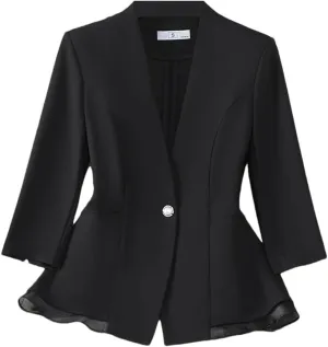 Women Ruffle Hem Slim Fit Half Sleeve Blazer Elegant Formal Office Coat Spring Summer Business Work Suit Jacket