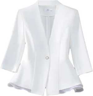 Women Ruffle Hem Slim Fit Half Sleeve Blazer Elegant Formal Office Coat Spring Summer Business Work Suit Jacket
