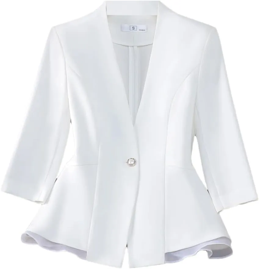 Women Ruffle Hem Slim Fit Half Sleeve Blazer Elegant Formal Office Coat Spring Summer Business Work Suit Jacket