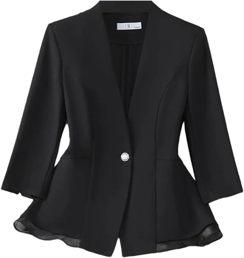 Women Ruffle Hem Slim Fit Half Sleeve Blazer Elegant Formal Office Coat Spring Summer Business Work Suit Jacket