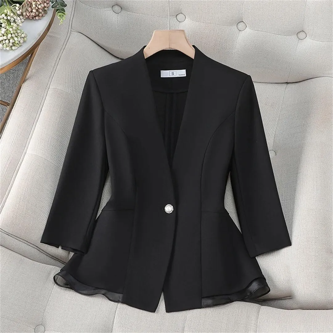 Women Ruffle Hem Slim Fit Half Sleeve Blazer Elegant Formal Office Coat Spring Summer Business Work Suit Jacket