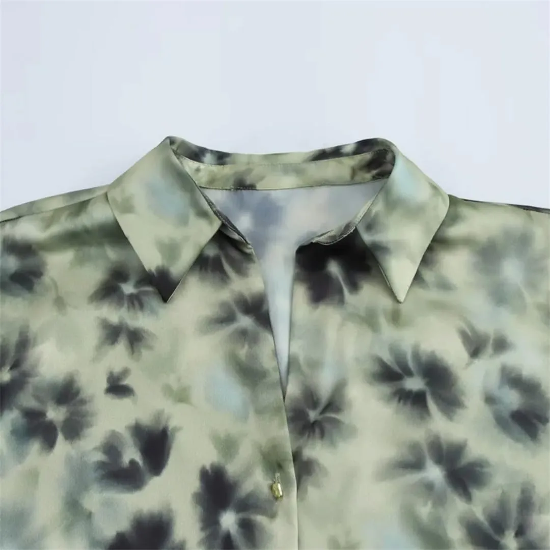 Women Satin Print Blouse Lapel Long-Sleeved Single-Breasted Shirts Casual Solid Chic Top