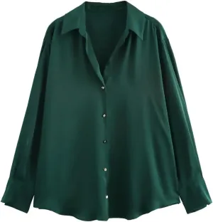 Women Satin Print Blouse Lapel Long-Sleeved Single-Breasted Shirts Casual Solid Chic Top