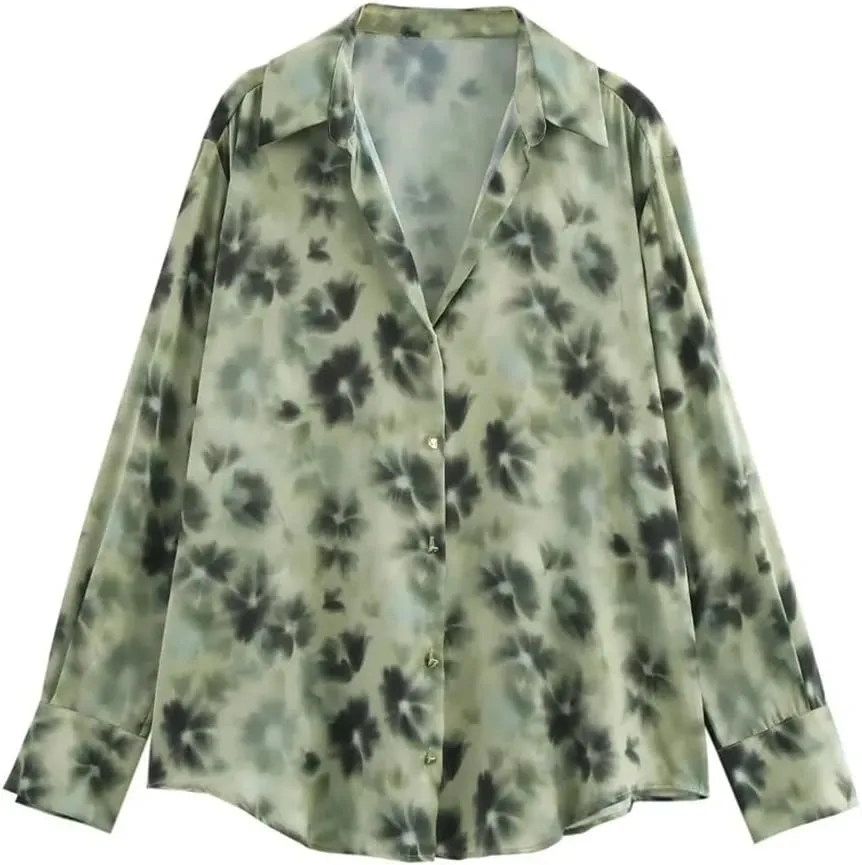 Women Satin Print Blouse Lapel Long-Sleeved Single-Breasted Shirts Casual Solid Chic Top