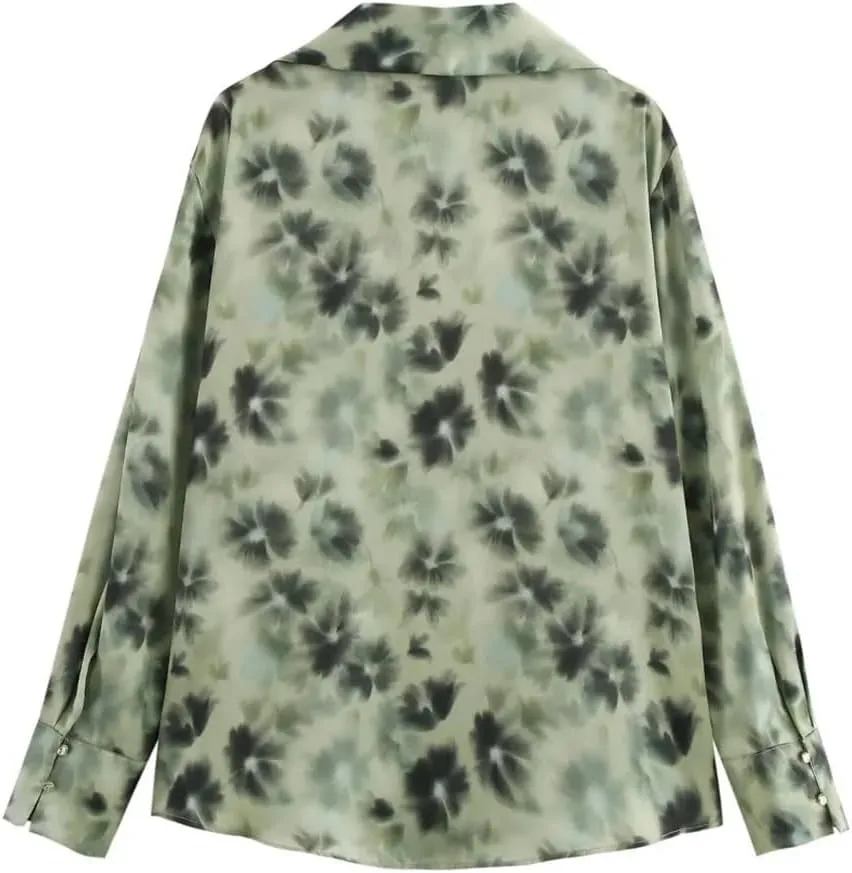 Women Satin Print Blouse Lapel Long-Sleeved Single-Breasted Shirts Casual Solid Chic Top