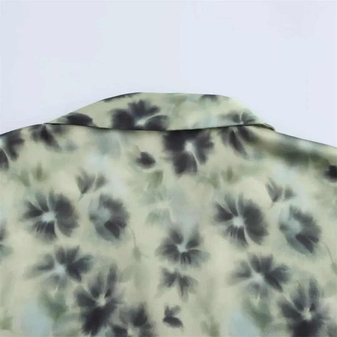 Women Satin Print Blouse Lapel Long-Sleeved Single-Breasted Shirts Casual Solid Chic Top