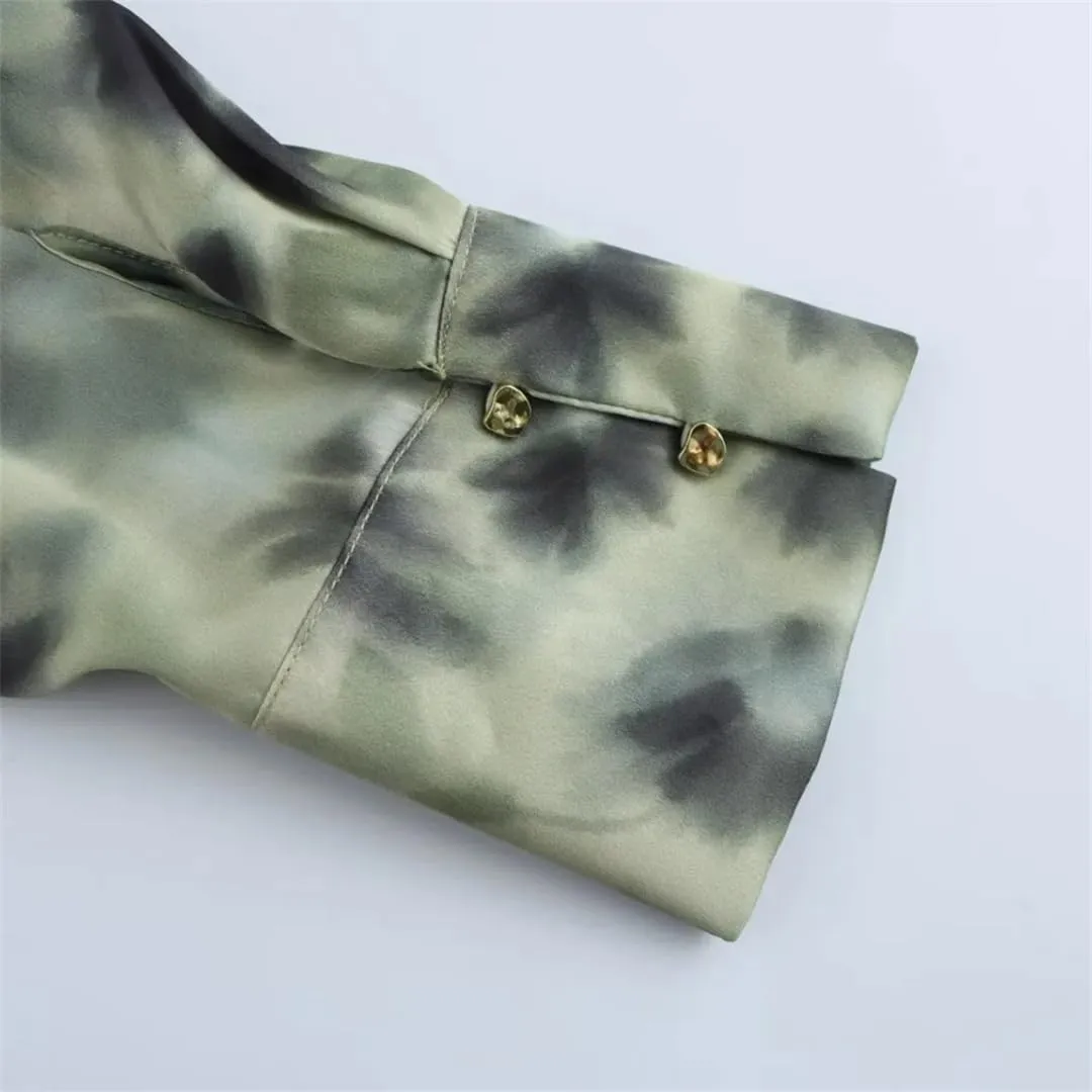 Women Satin Print Blouse Lapel Long-Sleeved Single-Breasted Shirts Casual Solid Chic Top