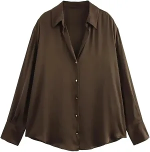 Women Satin Print Blouse Lapel Long-Sleeved Single-Breasted Shirts Casual Solid Chic Top