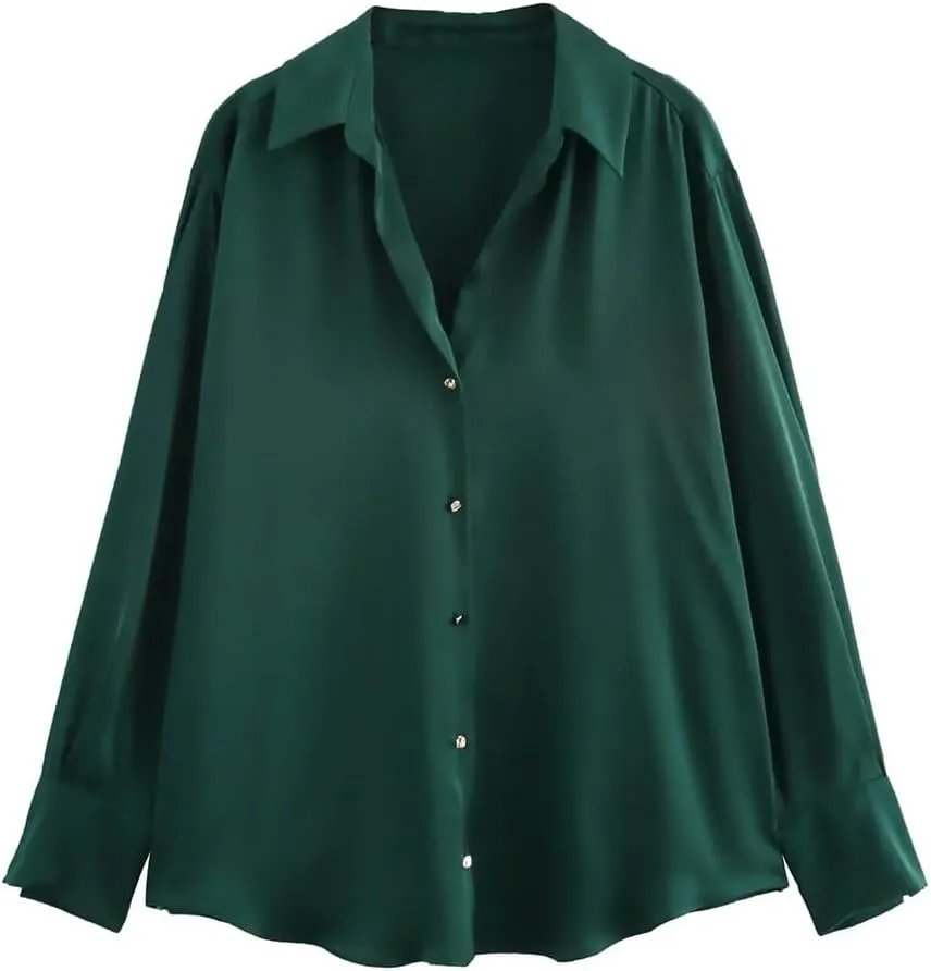 Women Satin Print Blouse Lapel Long-Sleeved Single-Breasted Shirts Casual Solid Chic Top