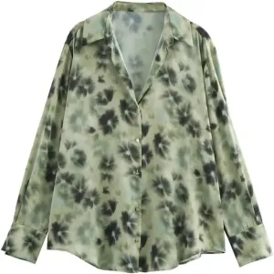 Women Satin Print Blouse Lapel Long-Sleeved Single-Breasted Shirts Casual Solid Chic Top