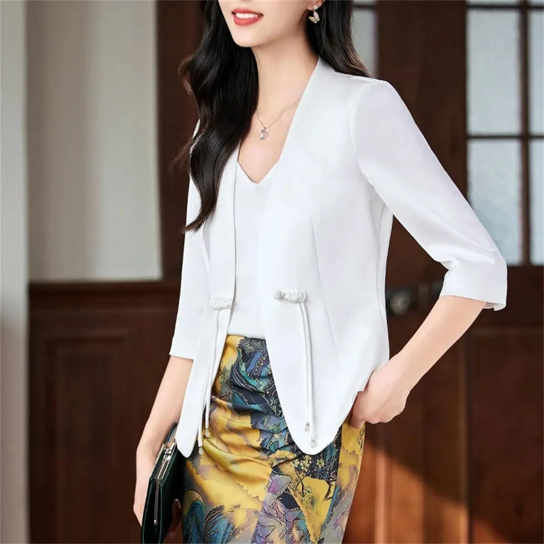 Women Satin Silk Suit Coat Half Sleeve Solid Single Button Blazer Jacket Elegant Temperament Office Lady Outerwear