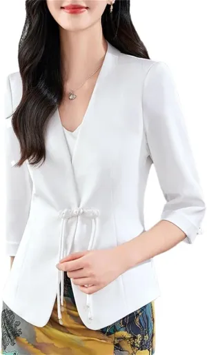Women Satin Silk Suit Coat Half Sleeve Solid Single Button Blazer Jacket Elegant Temperament Office Lady Outerwear