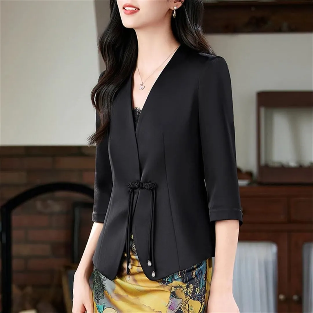 Women Satin Silk Suit Coat Half Sleeve Solid Single Button Blazer Jacket Elegant Temperament Office Lady Outerwear