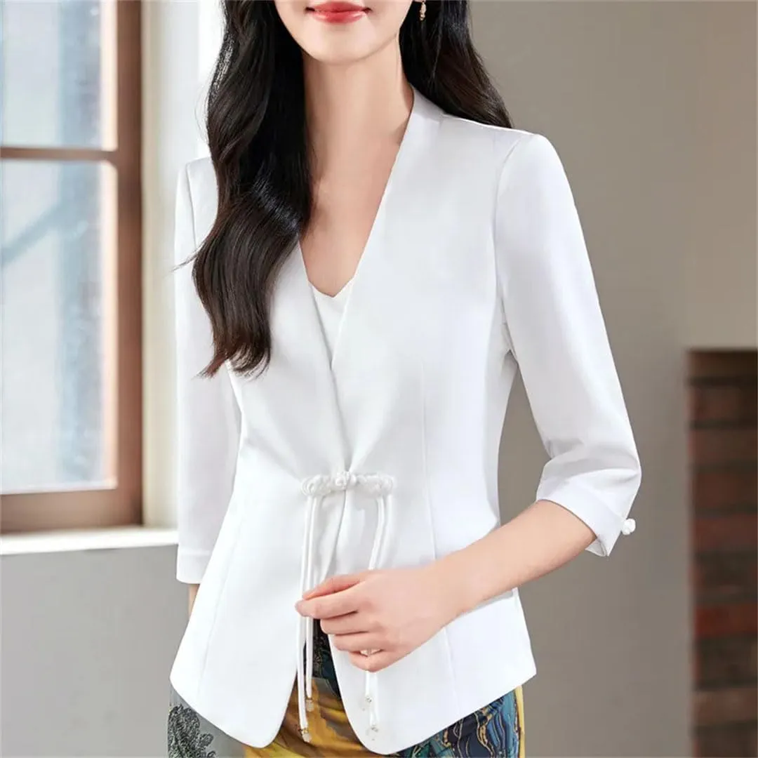 Women Satin Silk Suit Coat Half Sleeve Solid Single Button Blazer Jacket Elegant Temperament Office Lady Outerwear
