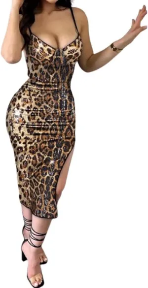 Women Sexy Sequin Spaghetti Strap V Neck Bodycon Dress Sparkly Formal Wedding Cocktail Dress