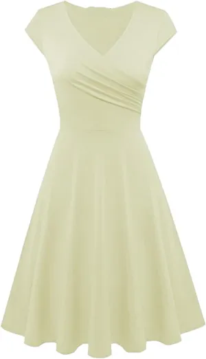 Women Short Retro Vintage Cocktail Dress Wrap V Neck Short Sleeve A Line Work Formal Wedding Guest Midi Dress