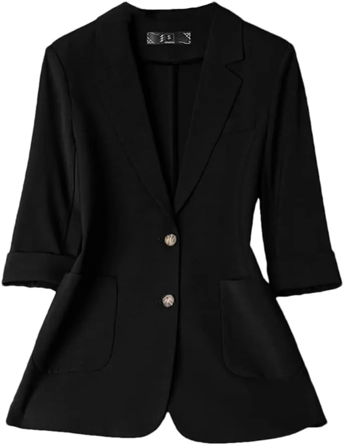 Women Single Breasted Thin Suit Jacket Spring Summer Professional Wear Half Sleeve Casual Office Blazer