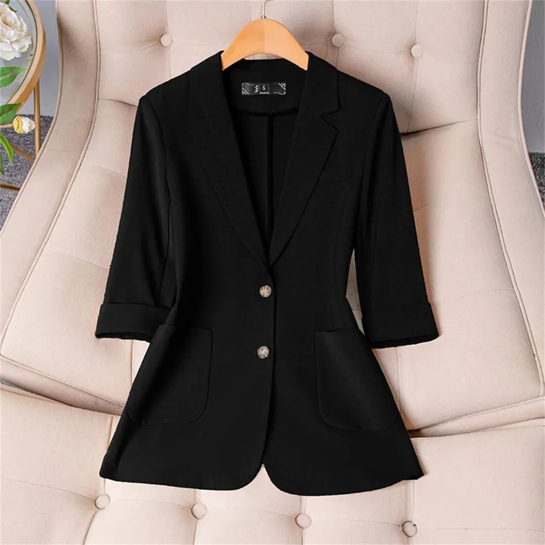 Women Single Breasted Thin Suit Jacket Spring Summer Professional Wear Half Sleeve Casual Office Blazer