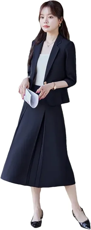 Women Skirt Suits Spring Summer Solid Color Suits Jacket and Skirt Set Single Button Blazer