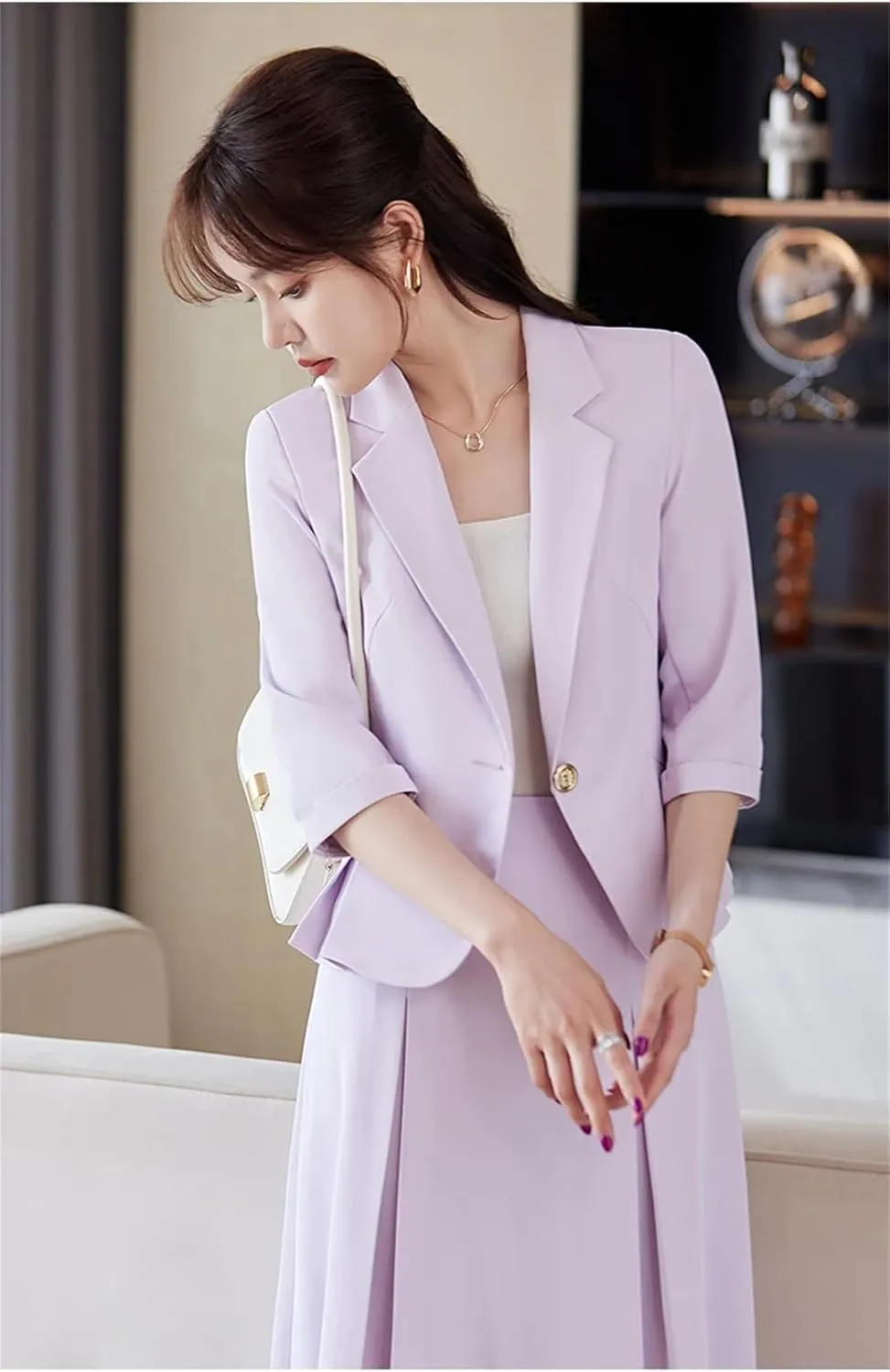 Women Skirt Suits Spring Summer Solid Color Suits Jacket and Skirt Set Single Button Blazer