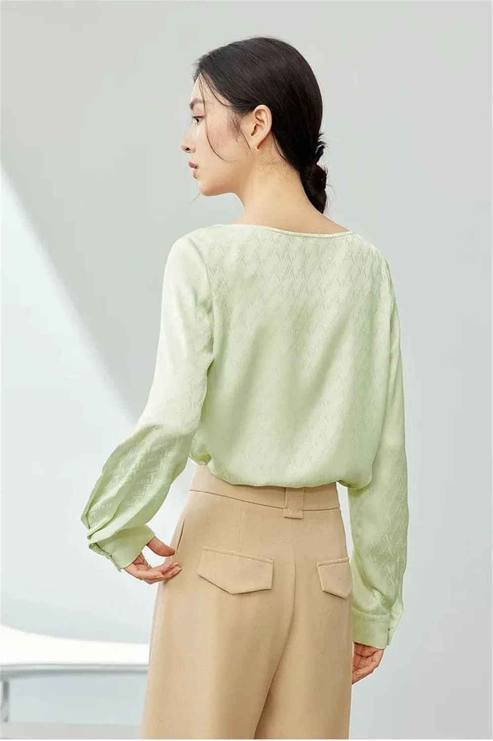 Women Slant Collar Jacquard Chiffon Shirt Simple Loose Long Sleeve Blouse Pullover Casual Tops