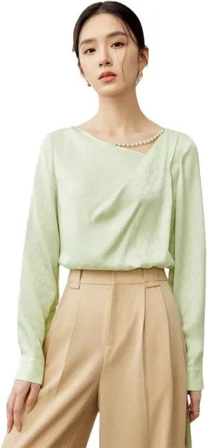 Women Slant Collar Jacquard Chiffon Shirt Simple Loose Long Sleeve Blouse Pullover Casual Tops
