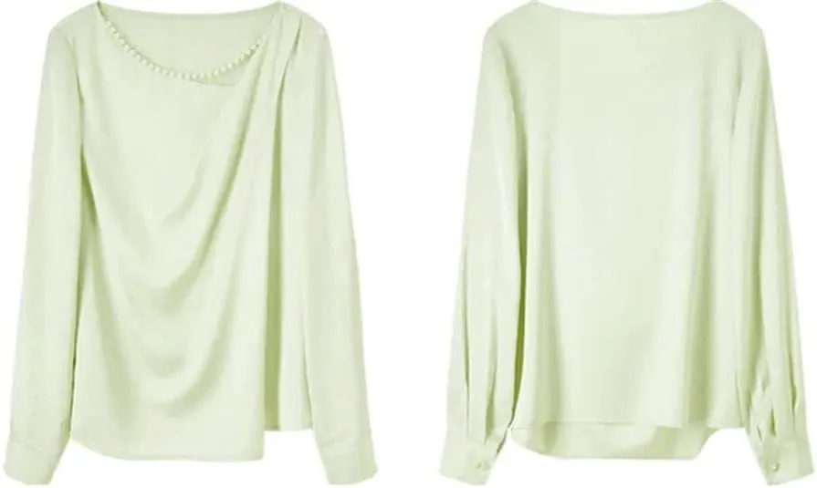 Women Slant Collar Jacquard Chiffon Shirt Simple Loose Long Sleeve Blouse Pullover Casual Tops
