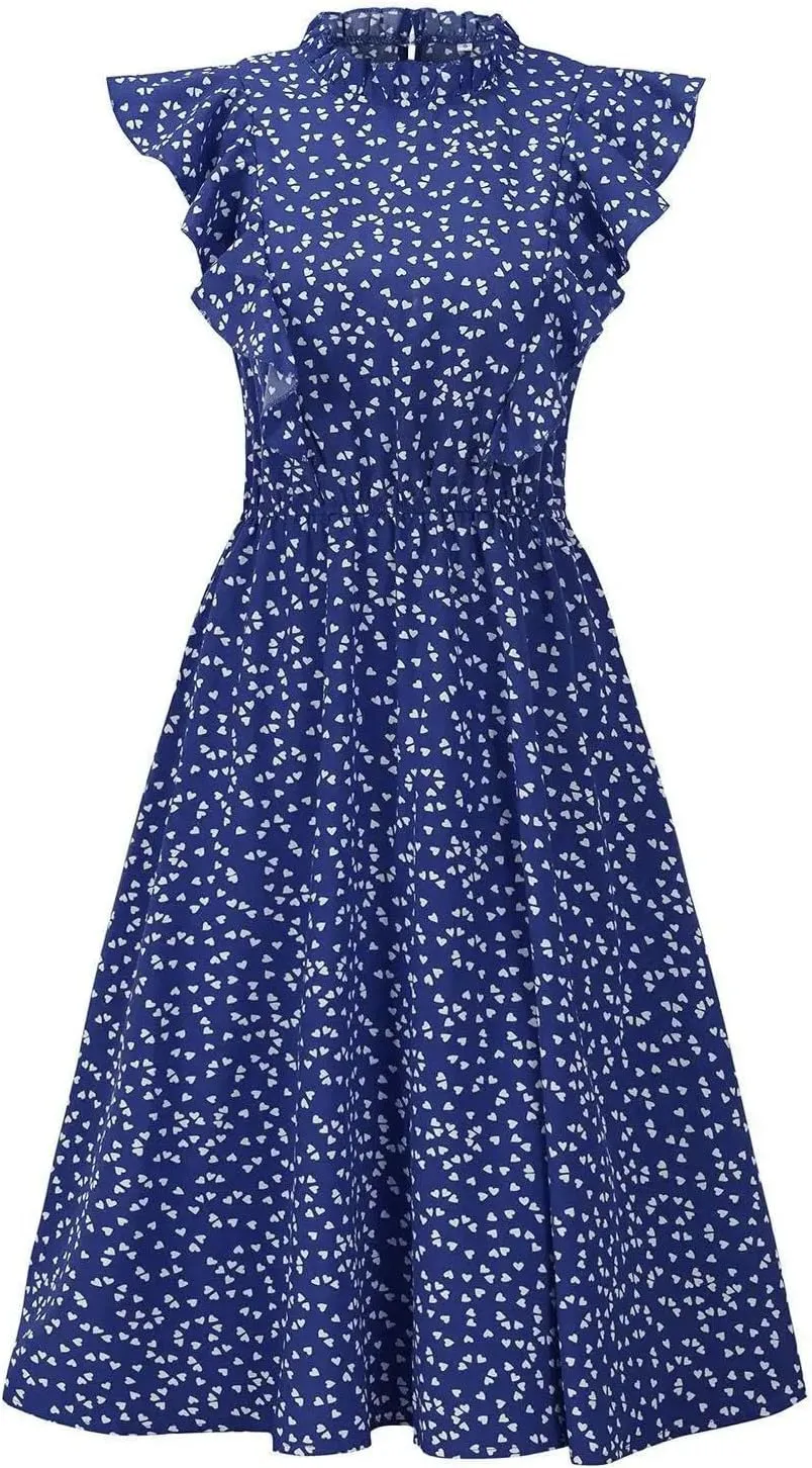 Women Sleeveless O-Neck Ruffles A-Line Dress Casual Printing Elegant Knee-Length Dress