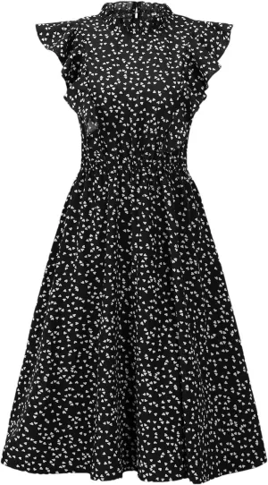 Women Sleeveless O-Neck Ruffles A-Line Dress Casual Printing Elegant Knee-Length Dress