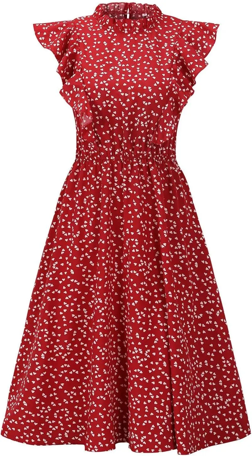 Women Sleeveless O-Neck Ruffles A-Line Dress Casual Printing Elegant Knee-Length Dress