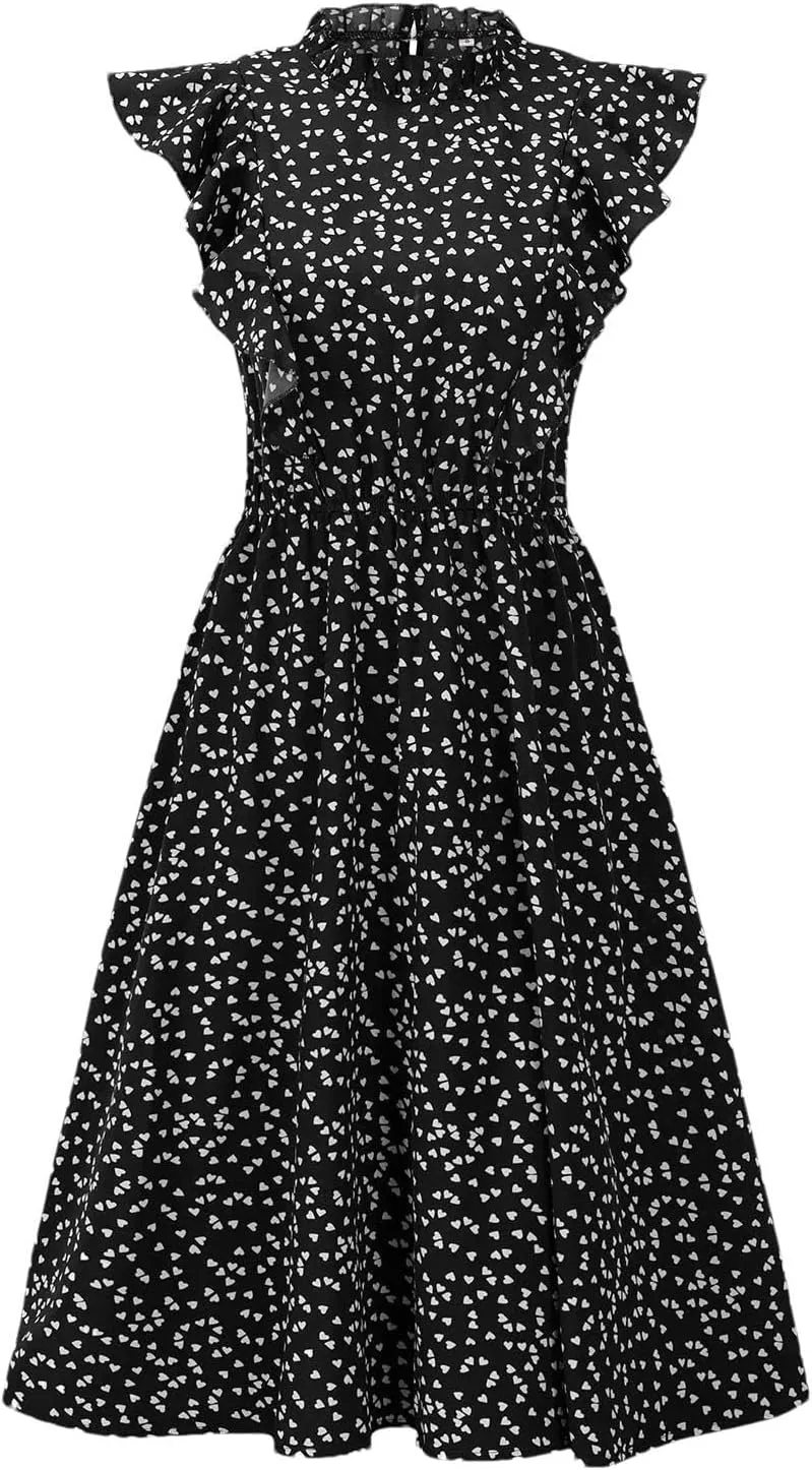 Women Sleeveless O-Neck Ruffles A-Line Dress Casual Printing Elegant Knee-Length Dress
