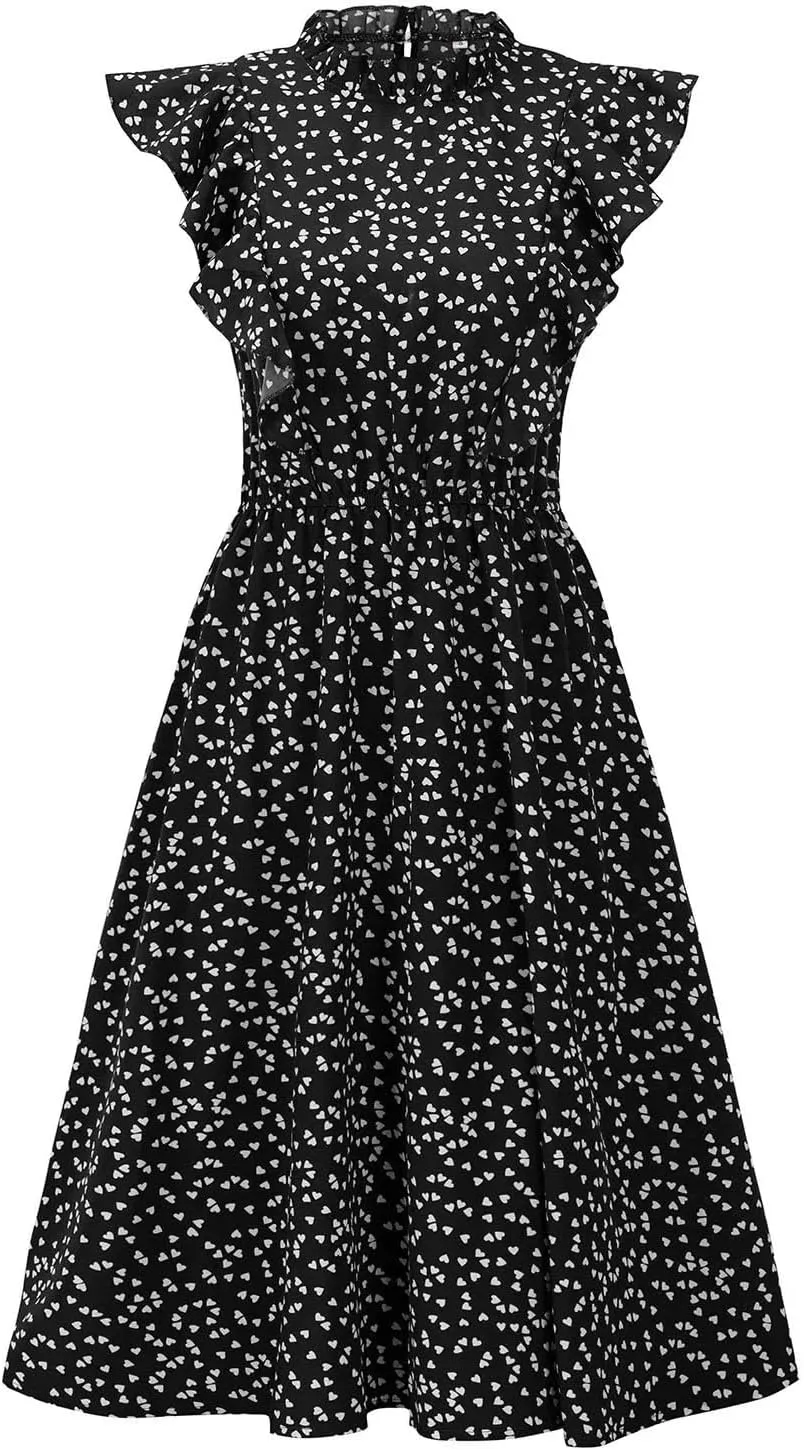 Women Sleeveless O-Neck Ruffles A-Line Dress Casual Printing Elegant Knee-Length Dress