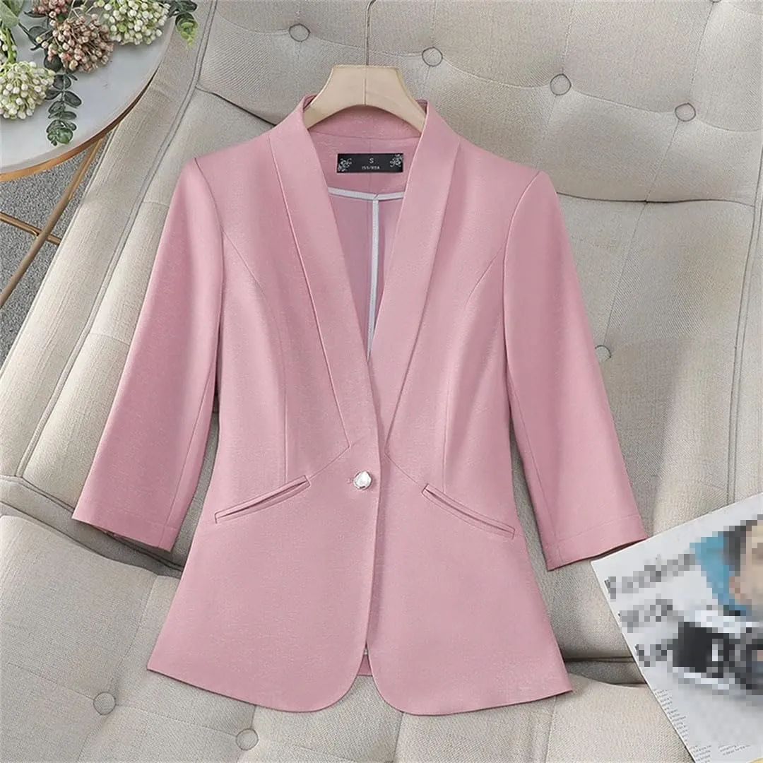 Women Slim Fit Blazer V-Neck Half Sleeve Single Button Office Jacket Formal Work Coat