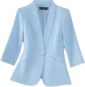 Women Slim Fit Blazer V-Neck Half Sleeve Single Button Office Jacket Formal Work Coat