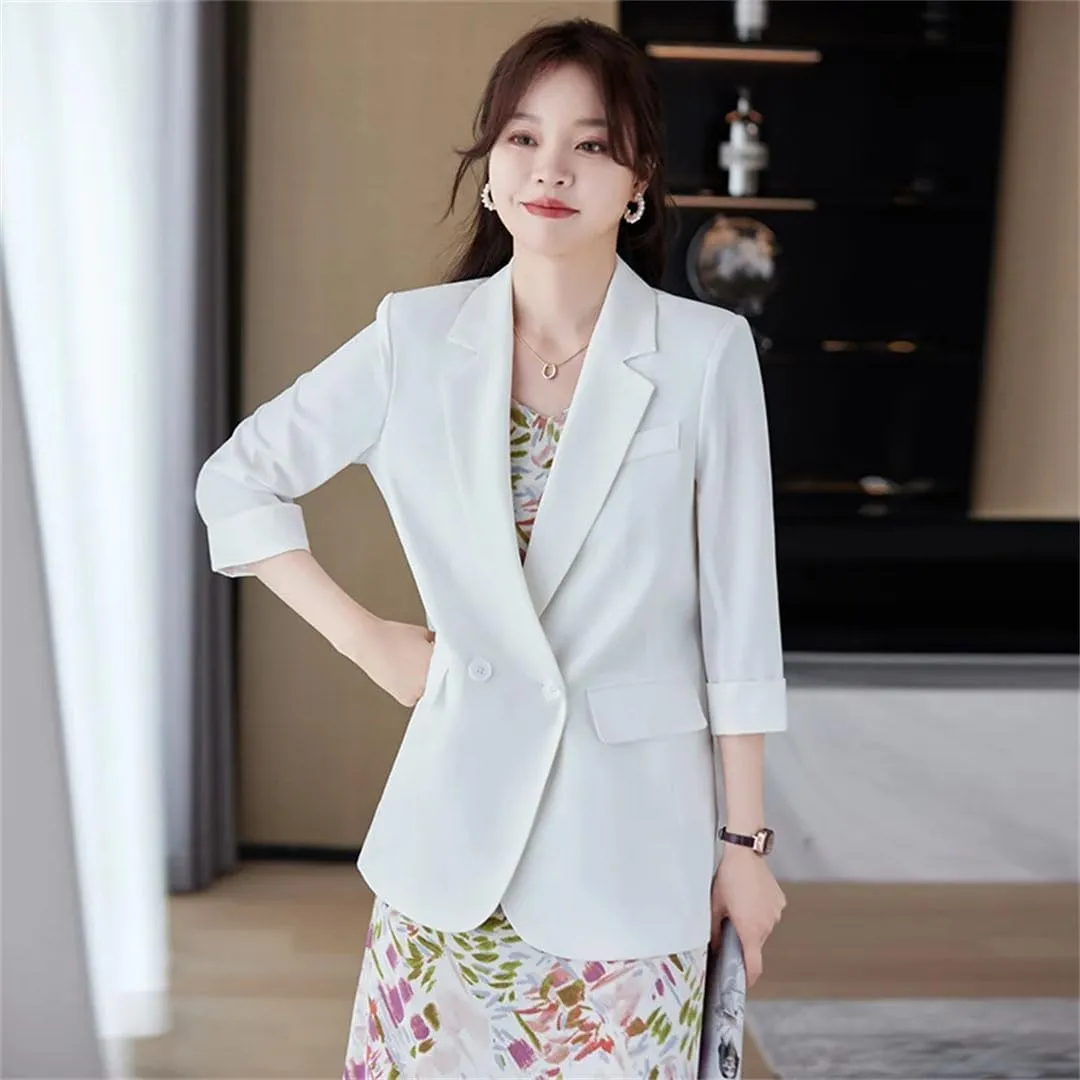 Women Spring Summer Half Sleeve Loose Professional Suit Jacket Office Ladies Work Blazer Coat