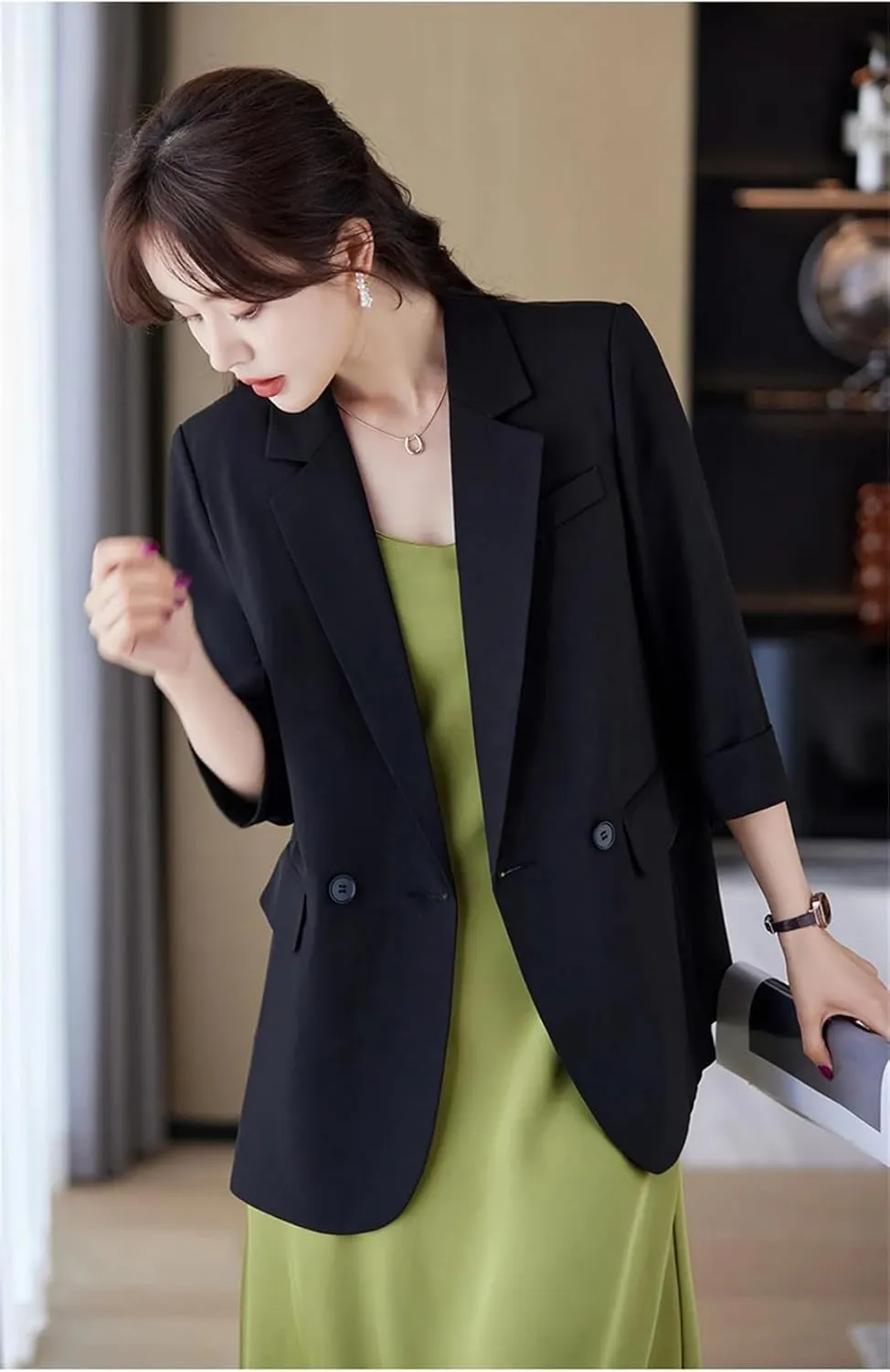 Women Spring Summer Half Sleeve Loose Professional Suit Jacket Office Ladies Work Blazer Coat