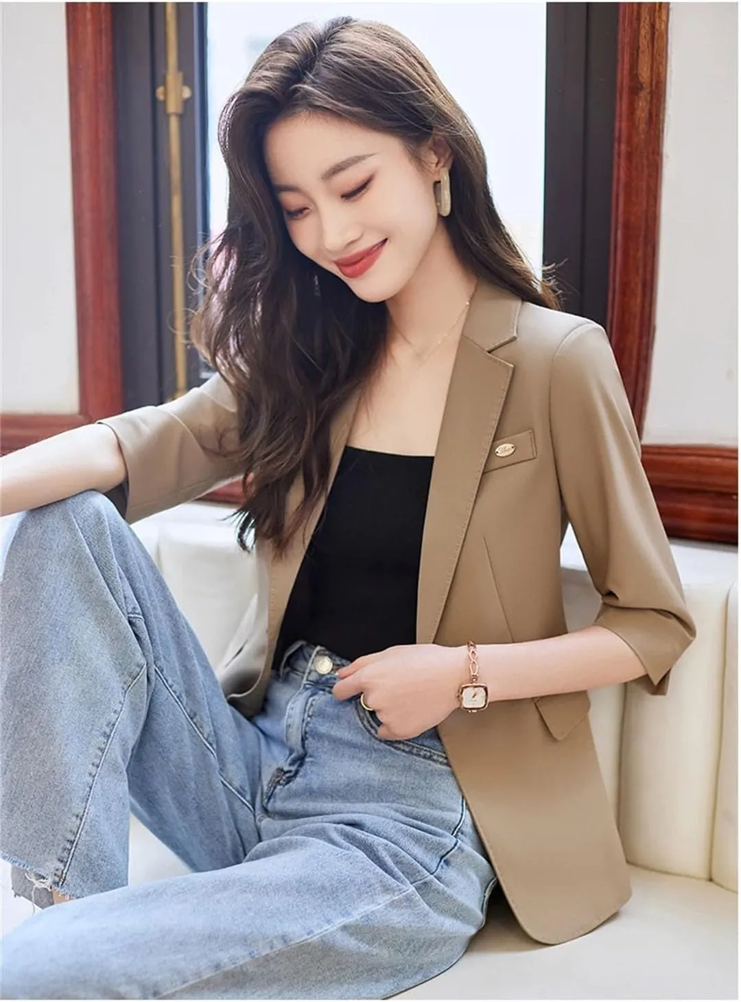 Women Spring Summer Office Blazer Single Button Elegant Half Sleeve Casual Suits Coat