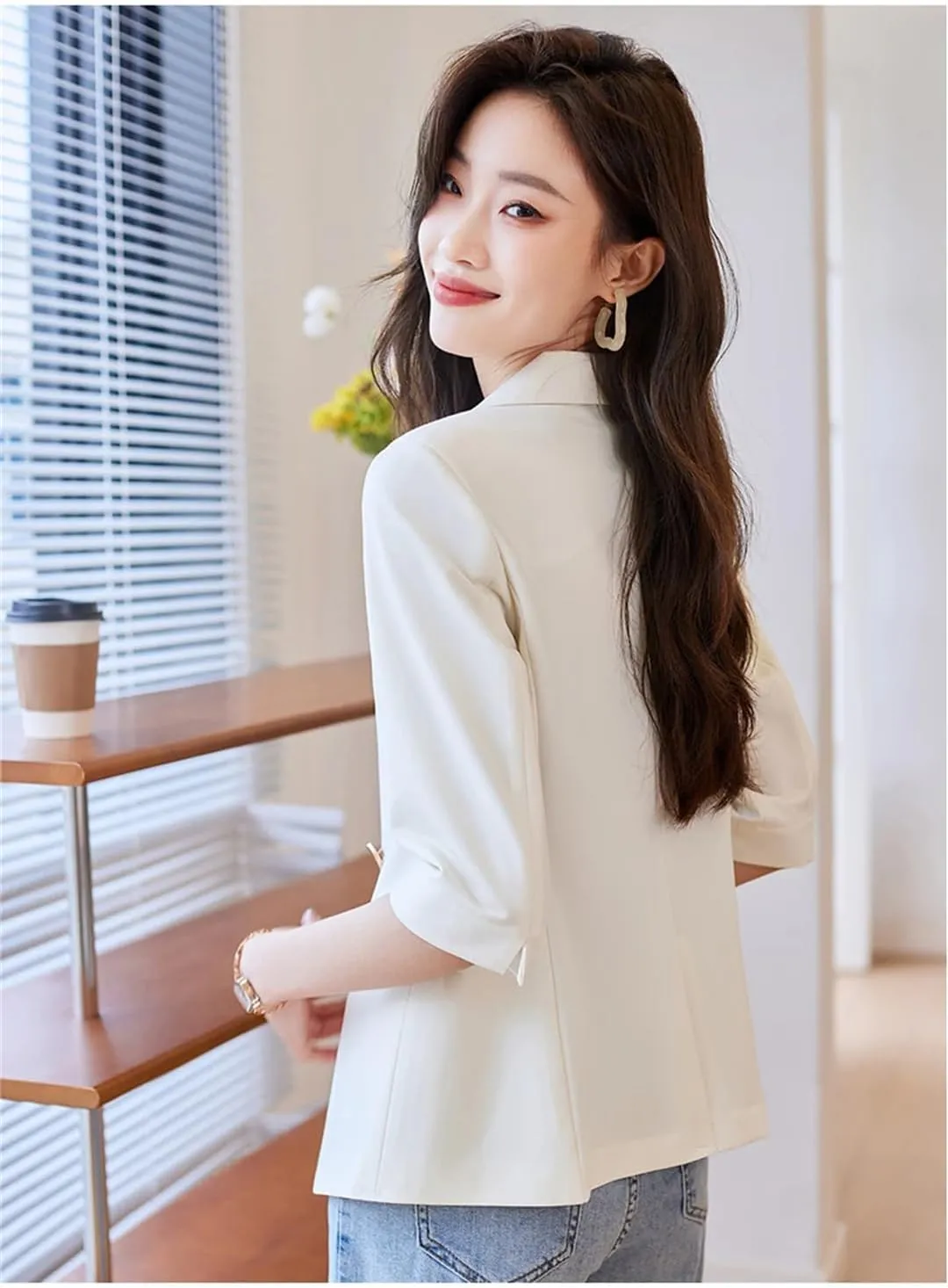 Women Spring Summer Office Blazer Single Button Elegant Half Sleeve Casual Suits Coat