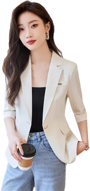 Women Spring Summer Office Blazer Single Button Elegant Half Sleeve Casual Suits Coat