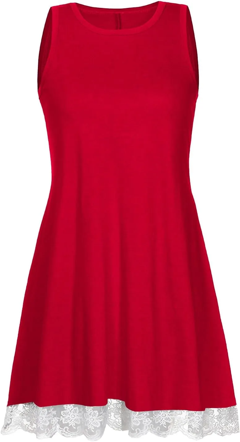 Women Summer Casual Tank Dress Sundress Round-Neck Sleeveless Mini Dress Lace Design Midi Dress Vacation Beach Dress
