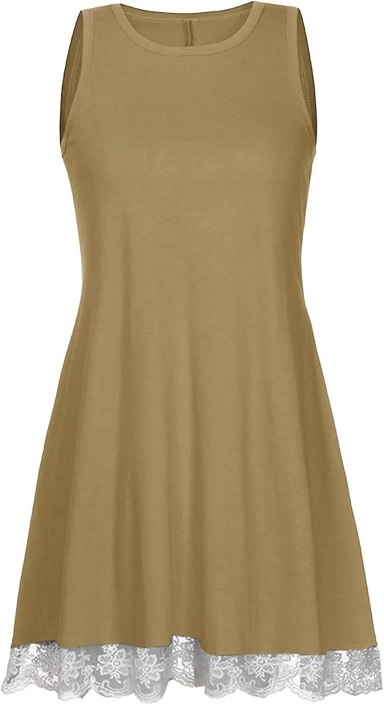 Women Summer Casual Tank Dress Sundress Round-Neck Sleeveless Mini Dress Lace Design Midi Dress Vacation Beach Dress