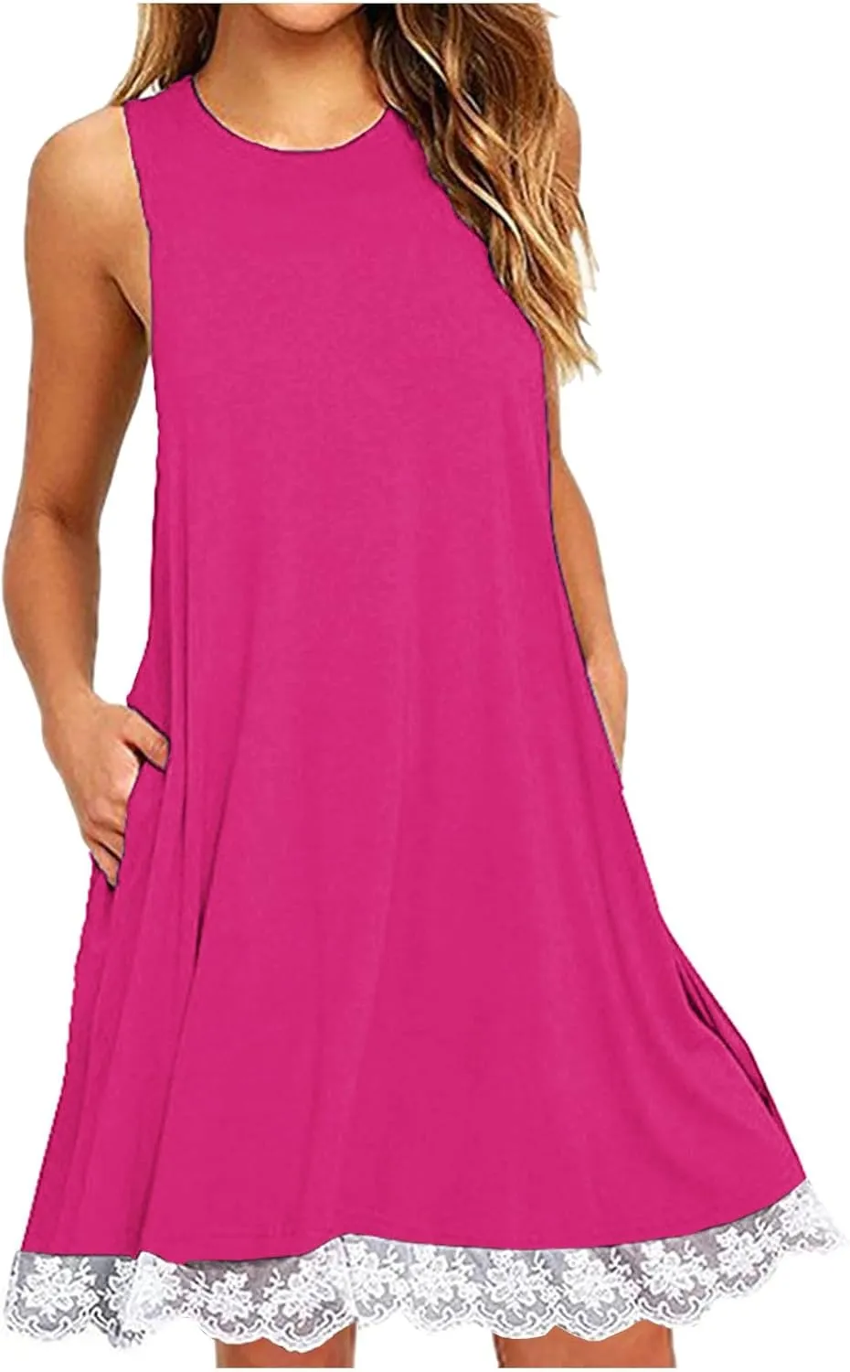 Women Summer Casual Tank Dress Sundress Round-Neck Sleeveless Mini Dress Lace Design Midi Dress Vacation Beach Dress