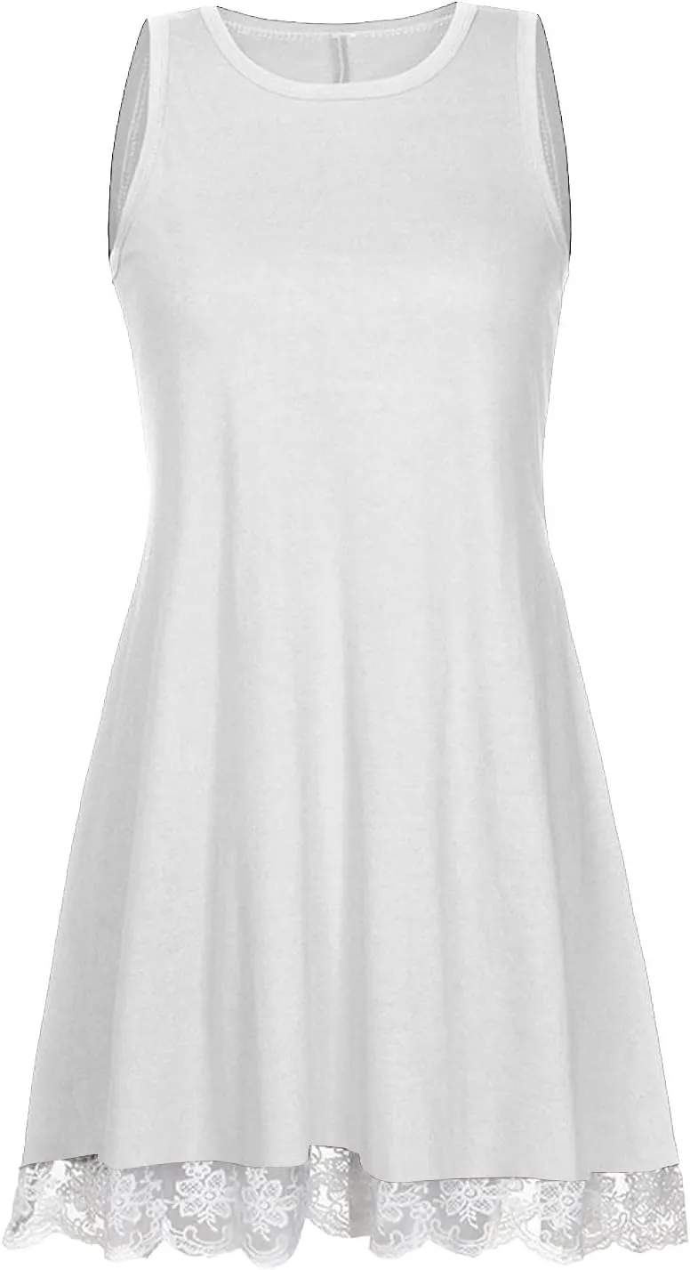 Women Summer Casual Tank Dress Sundress Round-Neck Sleeveless Mini Dress Lace Design Midi Dress Vacation Beach Dress