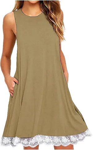 Women Summer Casual Tank Dress Sundress Round-Neck Sleeveless Mini Dress Lace Design Midi Dress Vacation Beach Dress